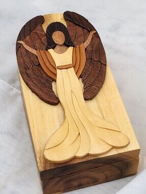 Carver Dan Angel Puzzle Box Hand Carved Wood Trinket Box 6.5" Handmade Secret